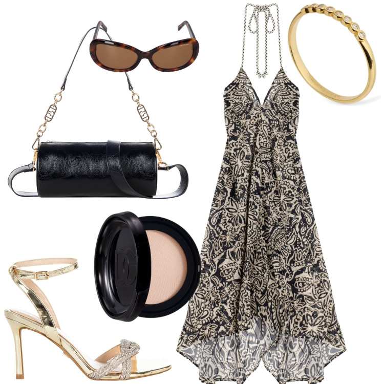 Outfit donna - Total look #2210365. Stile Trendy per Mare. Abbinamento con fondotinta, sandali col tacco, borse a mano, vestiti lunghi, occhiali da sole, anelli.