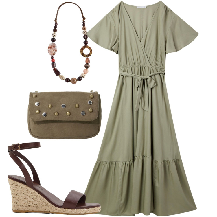 Outfit donna - Liglio. Stile Urban per Tutti i giorni. Abbinamento con sandali, vestiti lunghi, borse a tracolla, collane.