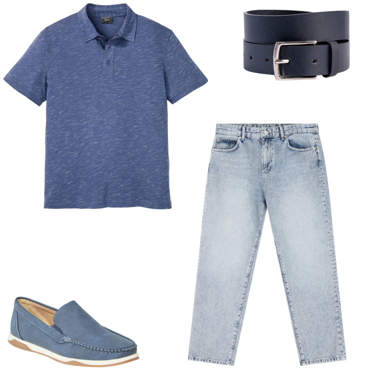 Outfit uomo - In città. Stile Casual per Tutti i giorni. Abbinamento con polo, scarpe stringate, jeans dritti, cinture.