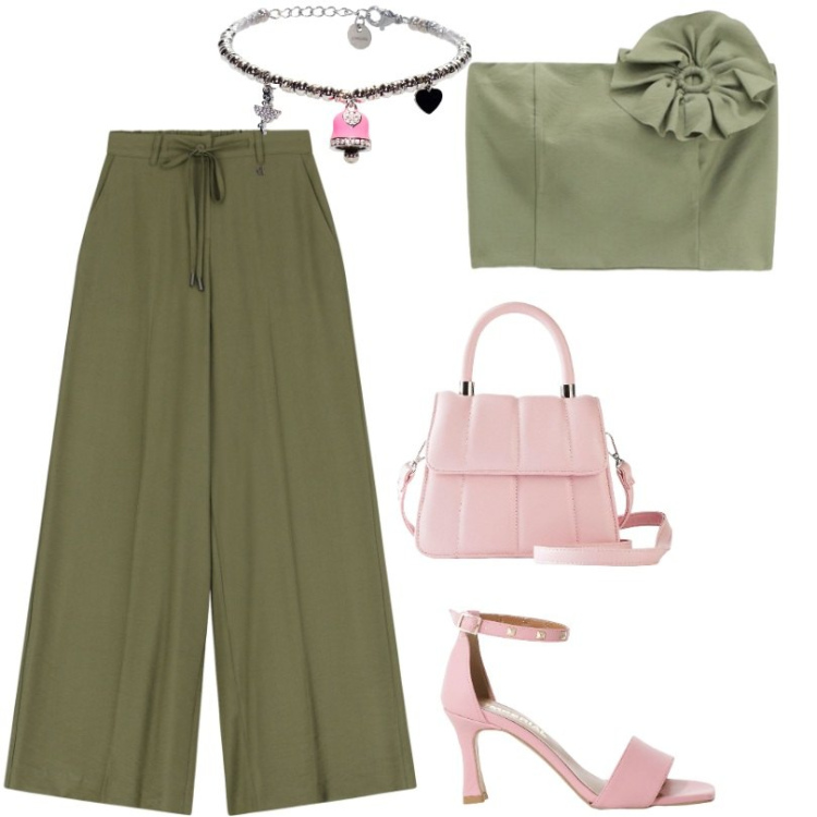 Outfit donna - Verde salvia e rosa. Stile Casual per Tutti i giorni. Abbinamento con borse a tracolla, sandali col tacco, pantaloni, top, braccialetti.