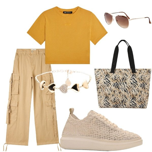 Outfit donna - Outifit di luglio. Stile Casual per Tutti i giorni. Abbinamento con occhiali da sole, sneakers, pantaloni cargo, t-shirt, shopping bag, braccialetti.