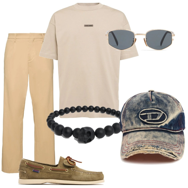 Outfit uomo - La t-shirt oversize. Stile Casual per Tutti i giorni. Abbinamento con braccialetti, scarpe stringate, pantaloni, t-shirt, occhiali da sole, cappelli.