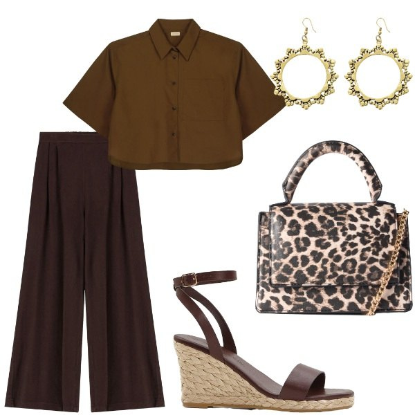 Outfit donna - Le serate di Luglio. Stile Casual chic per Serata fuori. Abbinamento con sandali, borse a tracolla, orecchini, pantaloni, camicie a manica corta.