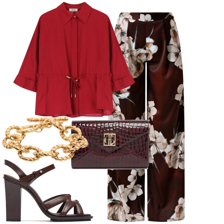 Outfit donna - Grazie. Stile Chic per Ufficio. Abbinamento con pantaloni a palazzo, camicie, braccialetti, pochette, sandali in pelle.