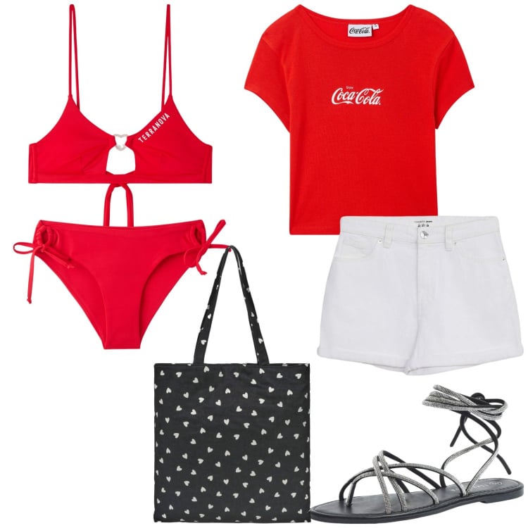 Outfit donna - Total look #2210396. Stile Basic per Mare. Abbinamento con shorts, bikini, sandali alla schiava, t-shirt, borse tote, bikini.