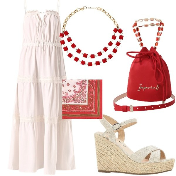 Outfit donna - Le serate di Luglio. Stile Casual chic per Serata fuori. Abbinamento con sandali, vestiti lunghi, borse a secchiello, collane, foulard.