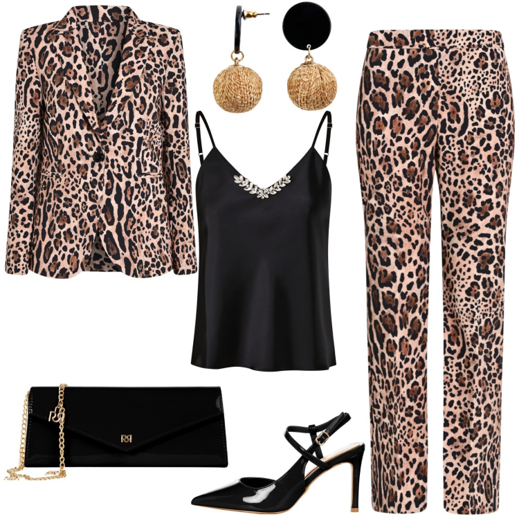 Outfit donna - Rinascimento: outfit animalier. Stile Trendy per Serata fuori. Abbinamento con orecchini, canottiere, pantaloni, blazer, pochette, décolleté.