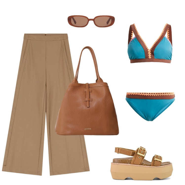 Outfit donna - Costume Turchese.... Stile Casual per Mare. Abbinamento con bikini, pantaloni a palazzo, borse tote, sandali col tacco, occhiali da sole.