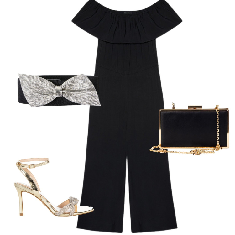 Outfit donna - Nero luminoso. Stile Chic per Serata fuori. look ideale per Petite. Abbinamento con pochette, sandali col tacco, tute, cinture.