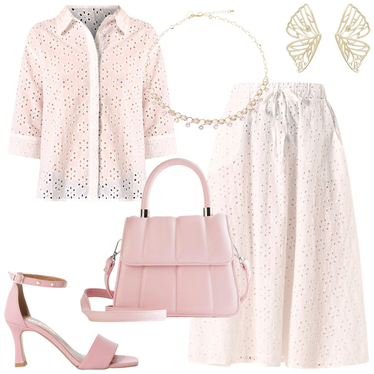 Outfit donna - Rinascimento: sfumature di rosa. Stile Bon Ton per Serata fuori. Abbinamento con borse a tracolla, camicie, gonne longuette, sandali col tacco, orecchini, collane.