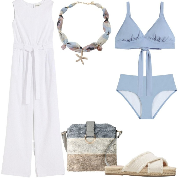 Outfit donna - Impeccabile anche in spiaggia. Stile Romantica per Mare. Abbinamento con ciabatte, tute, borse a tracolla, bikini, bikini, collane.