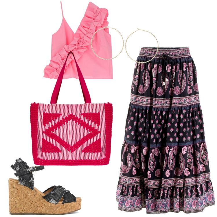 Outfit donna - Gonna gitana. Stile Etnico per Tutti i giorni. Abbinamento con gonne lunghe, top, orecchini, borse a mano, zeppe.