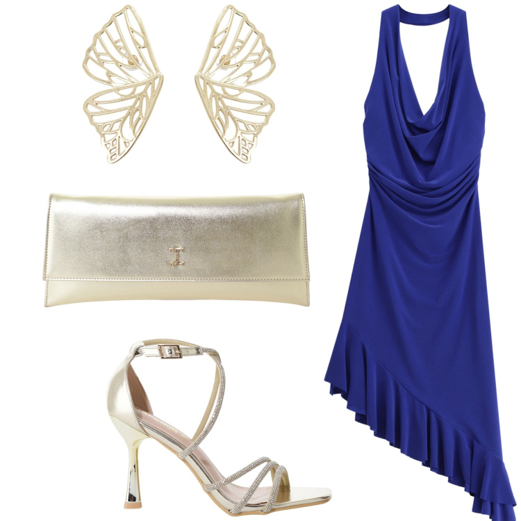 Outfit donna - BLUE Butterfly. Stile Chic per Serata fuori. Abbinamento con vestiti asimmetrici, sandali col tacco, pochette, orecchini.
