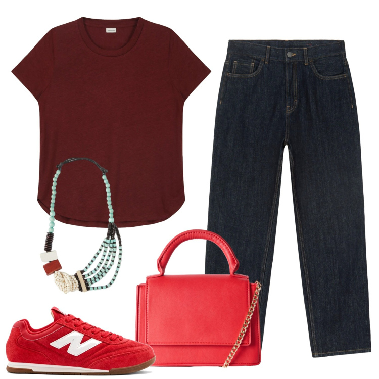 Outfit donna - Colori scuri. Stile Basic per Tutti i giorni. Abbinamento con borse a tracolla, sneakers, jeans dritti, t-shirt, collane.