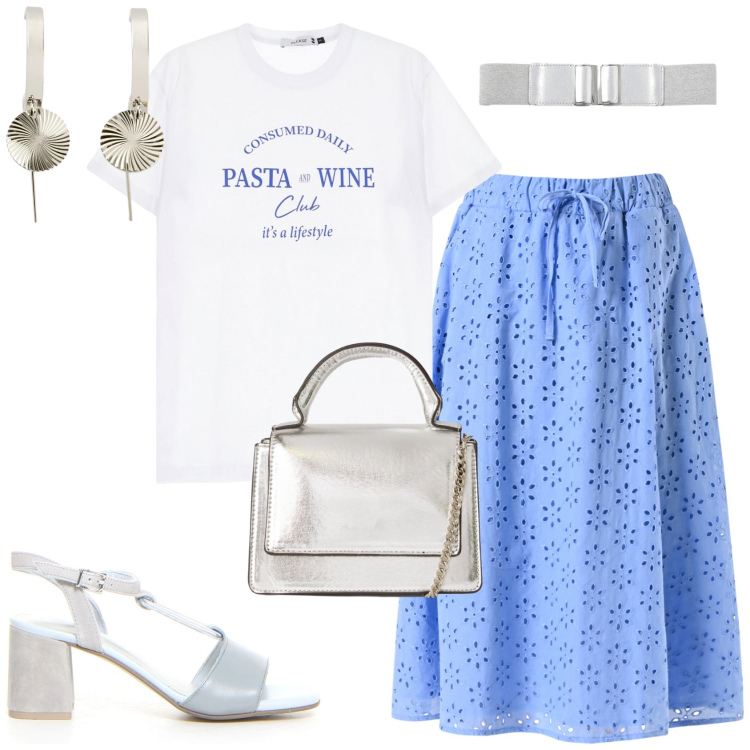 Outfit donna - Una gonna in pizzo sangallo. Stile Casual chic per Tutti i giorni. Abbinamento con orecchini, borse a tracolla, cinture, gonne longuette, t-shirt, sandali col tacco.