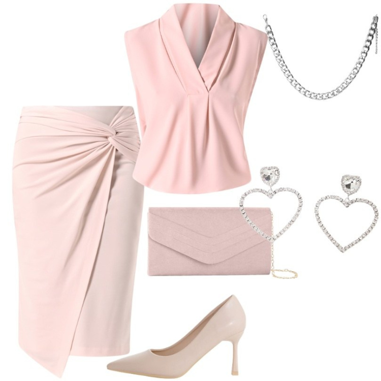 Outfit donna - Sognando Rosa e cuori. Stile Romantica per Ufficio. Abbinamento con pochette, collane, bluse, gonne, décolleté, orecchini.