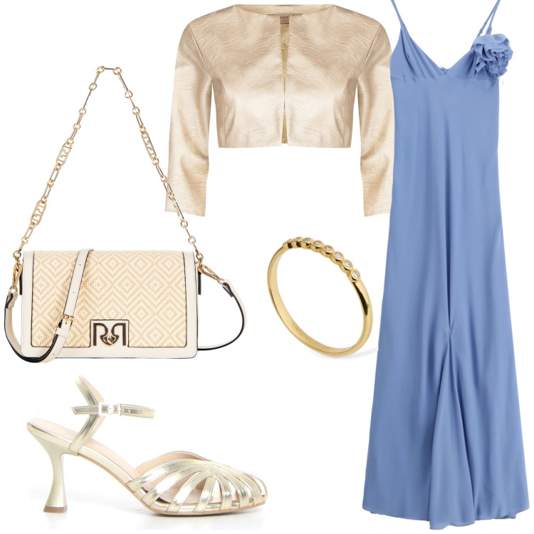 Outfit donna - Abito lungo e dattaglio dorato. Stile Chic per Serata fuori. Abbinamento con bolero, borse a tracolla, vestiti lunghi, sandali col tacco, anelli.