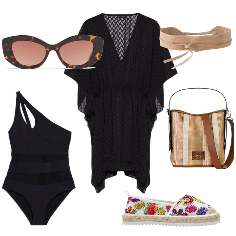 Outfit donna - Mare con stile. Stile Casual chic per Mare. Abbinamento con espadrillas, cinture, borse a secchiello, caftani, costumi interi, occhiali da sole.