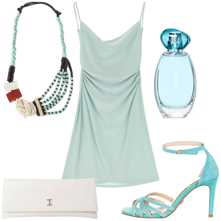 Outfit donna - I colori del mare. Stile Glamour per Tutti i giorni. Abbinamento con profumi, vestiti corti, sandali col tacco, pochette, collane.