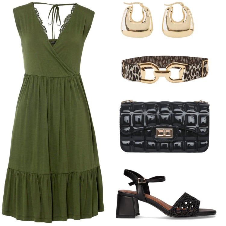 Outfit donna - Abito verde oliva. Stile Casual chic per Tutti i giorni. Abbinamento con vestiti, orecchini, cinture, borse a tracolla, sandali col tacco.