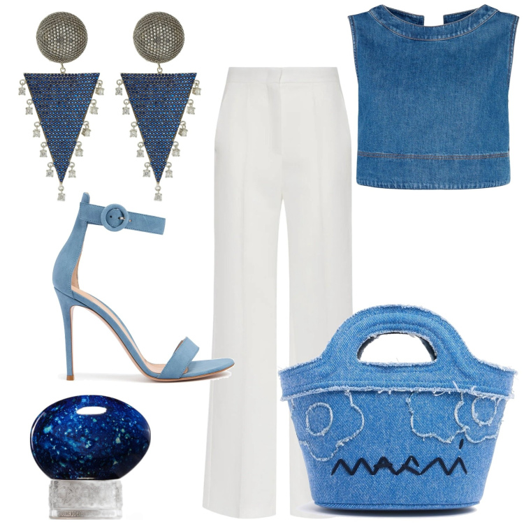 Outfit donna - La mia estate. Stile Trendy per Tutti i giorni. Abbinamento con profumi, orecchini, top, sandali in pelle, borse a mano, pantaloni.