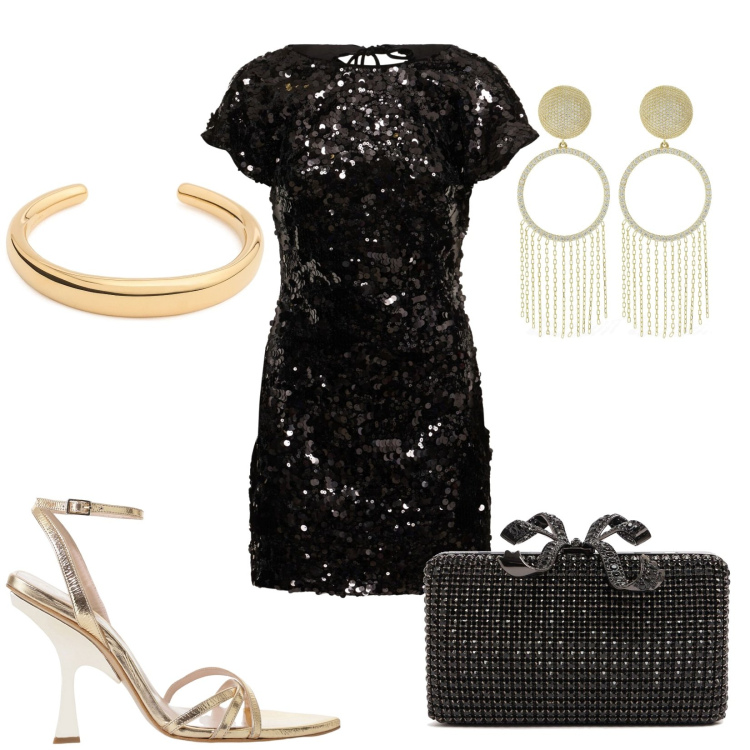Outfit donna - Notte d\'estate. Stile Glamour per Serata fuori. Abbinamento con sandali col tacco, orecchini, braccialetti, pochette, vestiti.