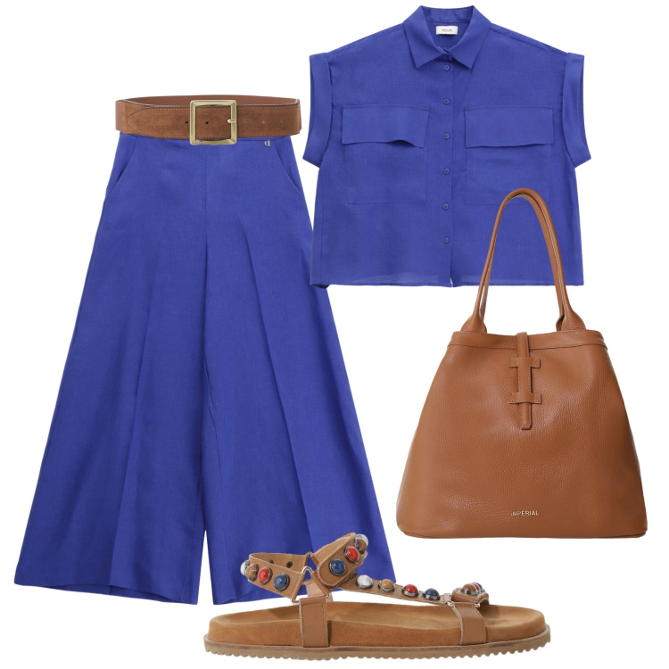 Outfit donna - Fresca in lino blu royal e cuoio. Stile Casual per Tutti i giorni. Abbinamento con borse tote, camicie a manica corta, sandali, pantaloni, cinture.