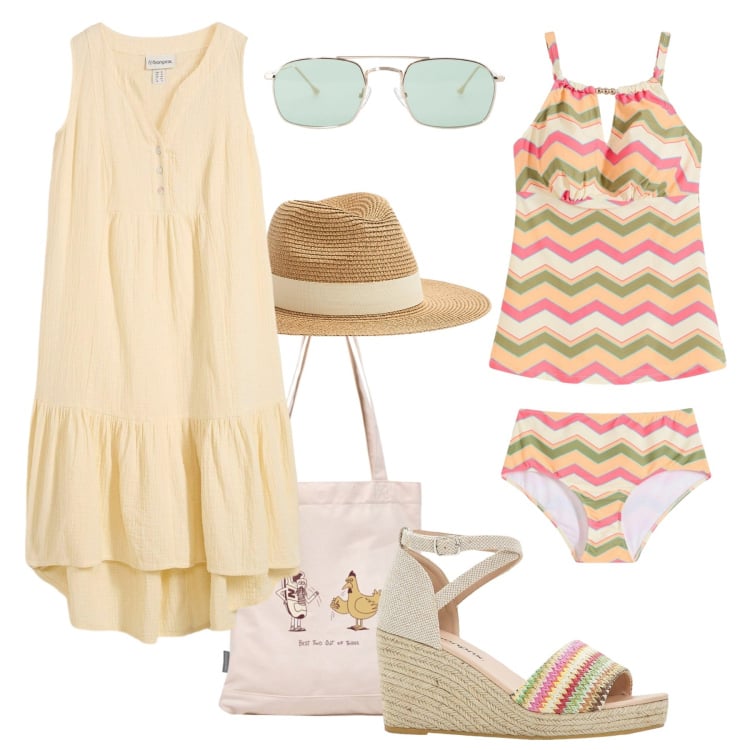 Outfit donna - Il tankini abbinato ai sandali !. Stile Trendy per Mare. Abbinamento con costumi interi, vestiti, sandali, cappelli, shopping bag, occhiali da sole.