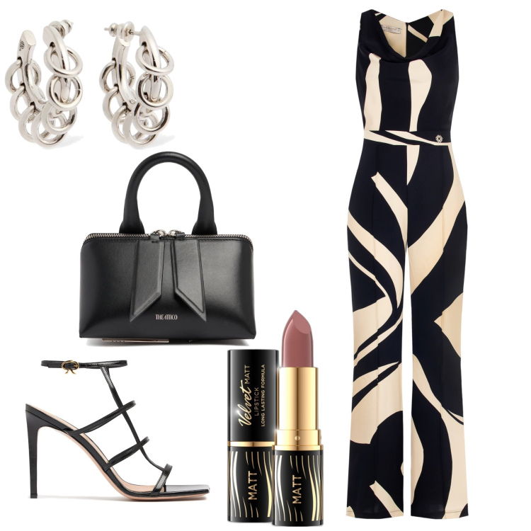 Outfit donna - Super chic. Stile Chic per Cerimonia. Abbinamento con rossetti, tute, borse a mano, orecchini, sandali in pelle.