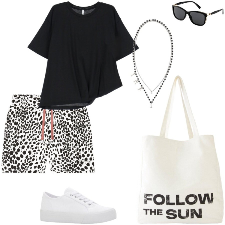 Outfit donna - Morning. Stile Casual per Tutti i giorni. Abbinamento con sneakers, occhiali da sole, shopping bag, t-shirt, collane, pantaloni corti.