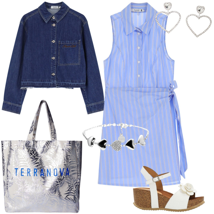 Outfit donna - Saldi Please: una giornata di relax. Stile Casual per Tutti i giorni. Abbinamento con sandali, borse tote, blazer, vestiti chemisier, orecchini, braccialetti.