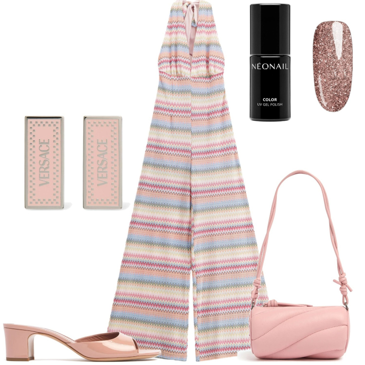 Outfit donna - La tuta pastello. Stile Bon Ton per Tutti i giorni. Abbinamento con smalti, tute, orecchini, borse a spalla, sandali in pelle.