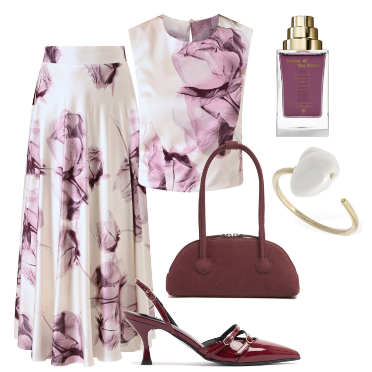 Outfit donna - Cerimonia floreale rosa malva. Stile Chic per Cerimonia. Abbinamento con profumi, gonne lunghe, top, anelli, décolleté, borse a spalla.
