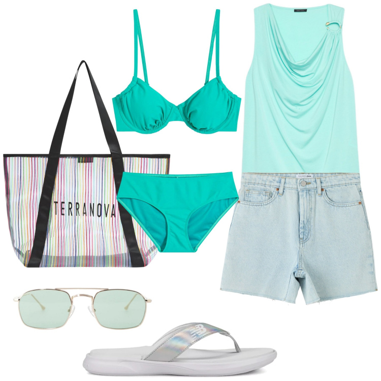 Outfit donna - Il mare di luglio. Stile Basic per Mare. Abbinamento con bikini, bermuda, shopping bag, infradito, occhiali da sole, top.