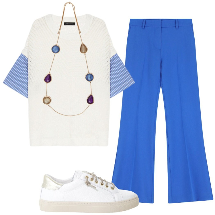 Outfit donna - Total look #2210472. Stile Casual chic per Tutti i giorni. Abbinamento con sneakers, pantaloni, maglieria, collane.
