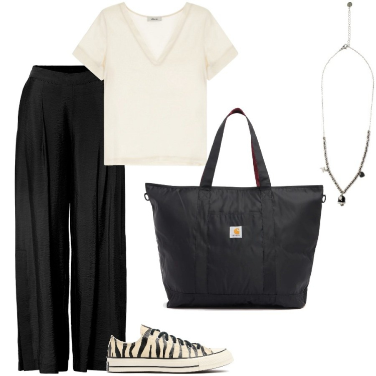 Outfit donna - Minimal at the city. Stile Minimal per Tutti i giorni. Abbinamento con pantaloni a palazzo, ciondoli, t-shirt, shopping bag, sneakers.