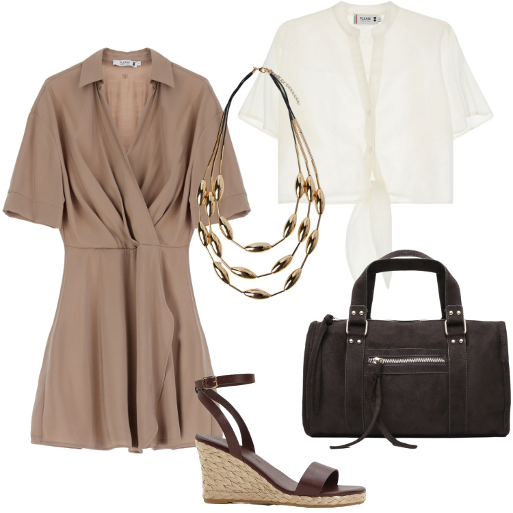 Outfit donna - Saldi Please: oggi si va in ufficio. Stile Minimal per Ufficio. Abbinamento con sandali, borse a mano, vestiti corti, camicie a manica corta, collane.