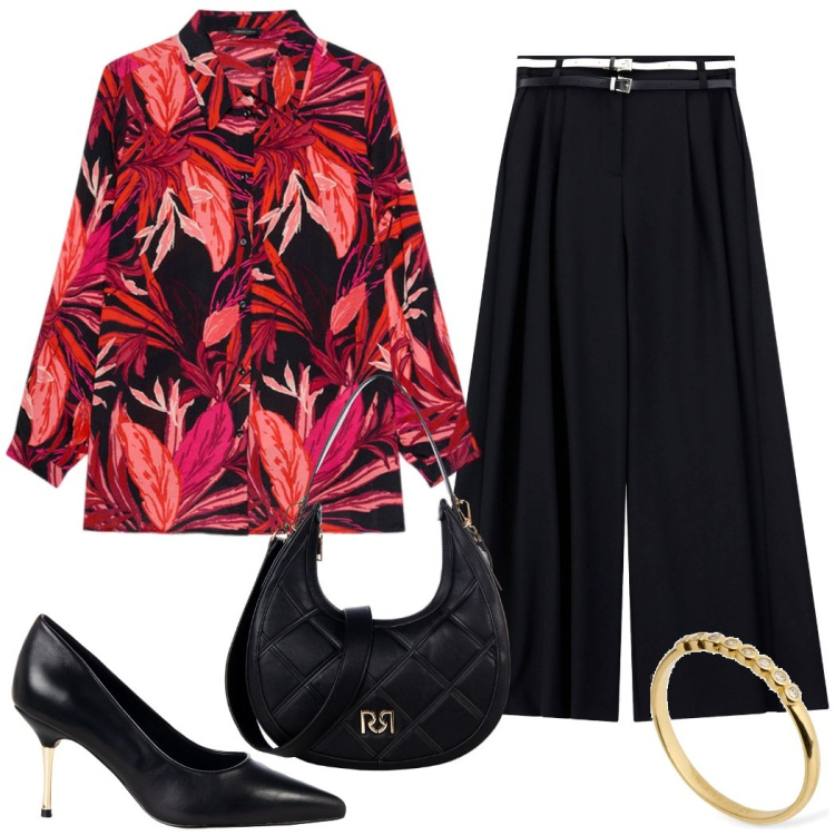 Outfit donna - A lavoro. Stile Chic per Ufficio. Abbinamento con borse a tracolla, décolleté, pantaloni, camicie, anelli.