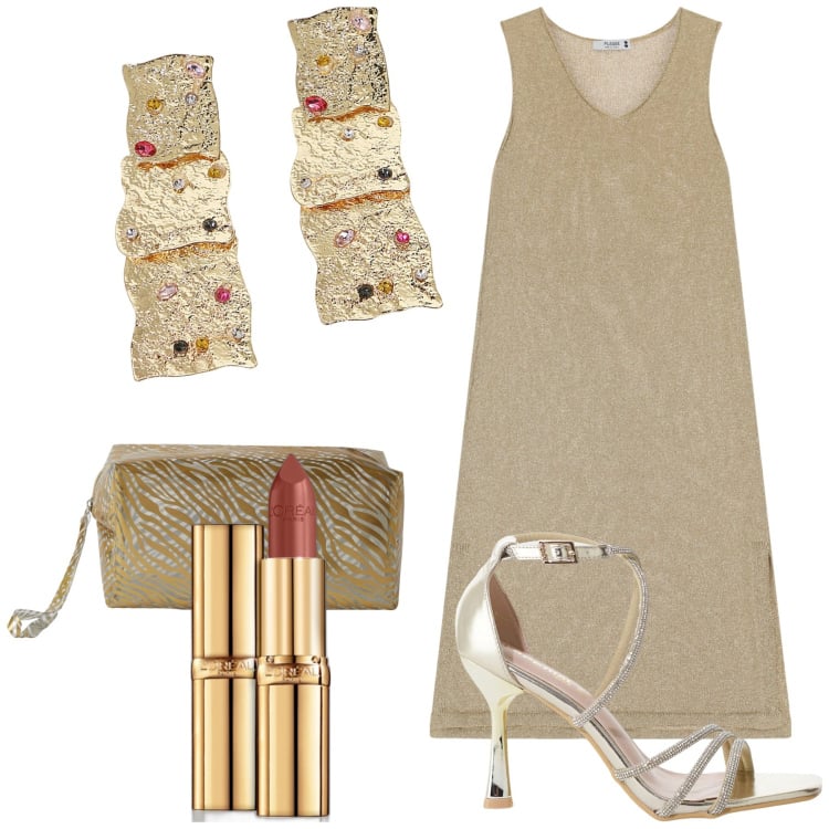 Outfit donna - Brillo come l\'oro. Stile Chic per Serata fuori. Abbinamento con rossetti, pochette, vestiti midi/longuette, sandali col tacco, orecchini.