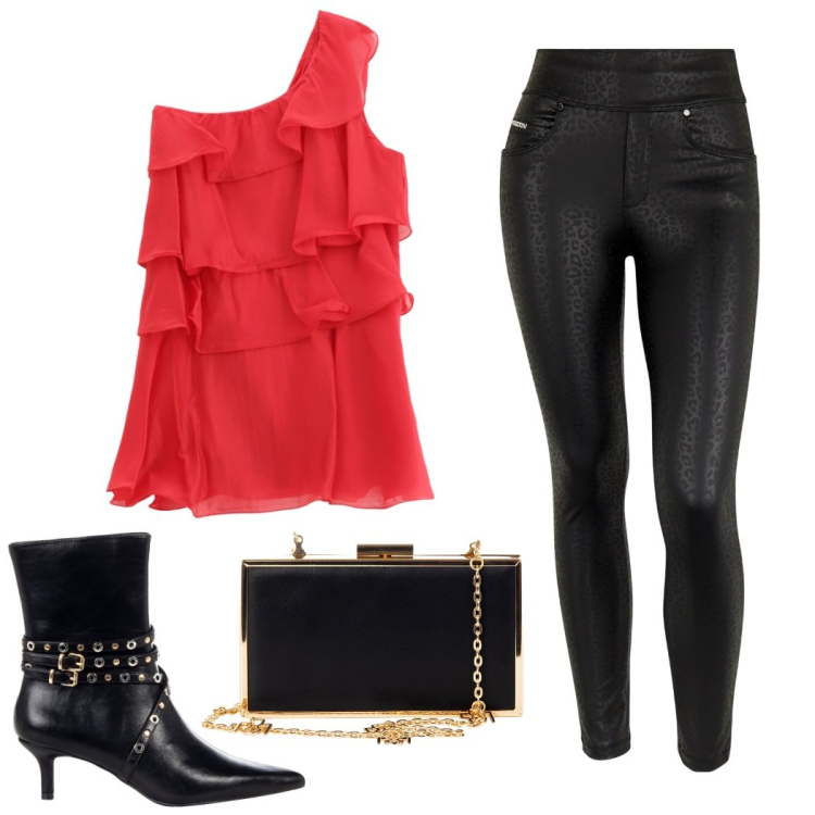 Outfit donna - Serata speciale. Stile Chic per Serata fuori. Abbinamento con pochette, stivaletti, vestiti corti, pantaloni skinny.