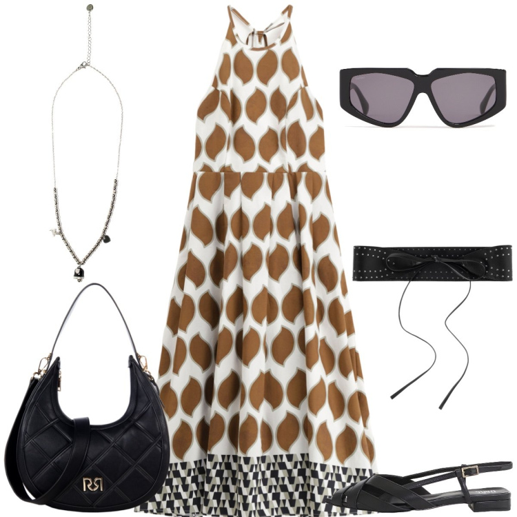 Outfit donna - In vacanza. Stile Casual chic per Tutti i giorni. Abbinamento con cinture, borse a tracolla, sandali, vestiti lunghi, ciondoli, occhiali da sole.