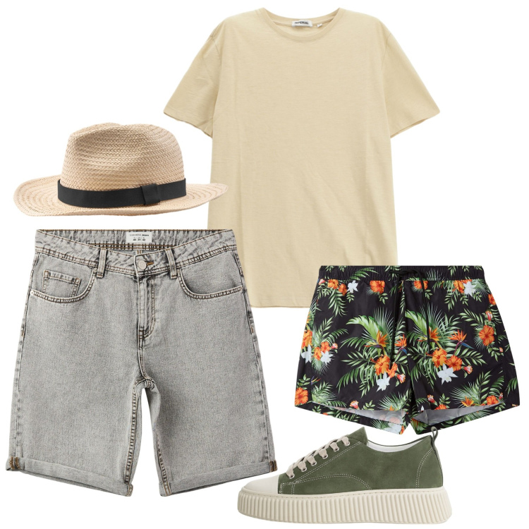 Outfit uomo - Luglio. Stile Casual per Tutti i giorni. Abbinamento con bermuda, costumi, sneakers, t-shirt, cappelli.