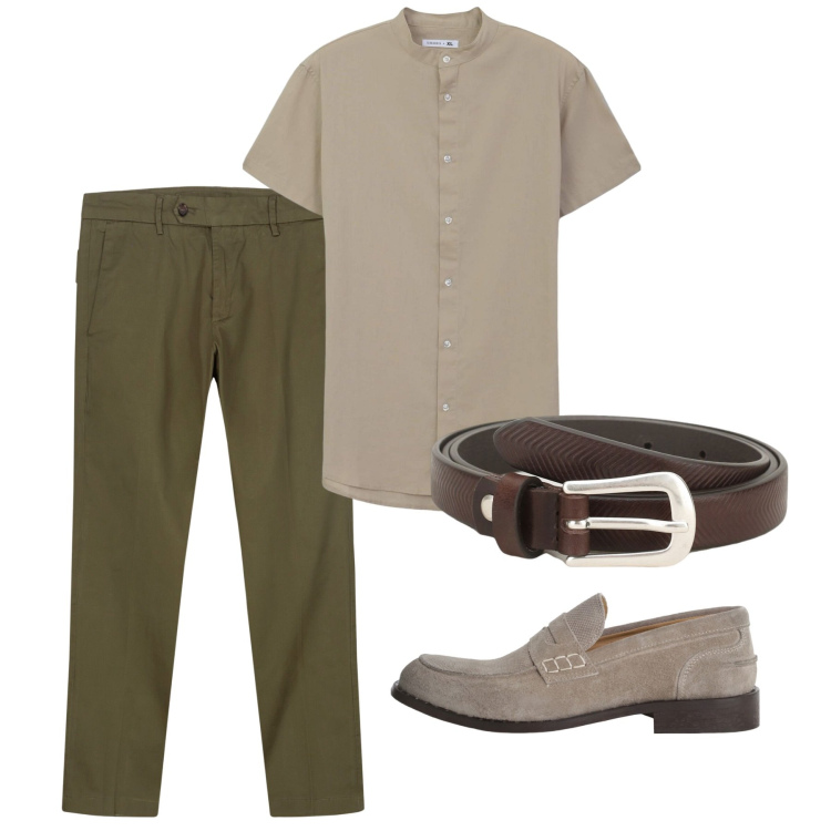 Outfit uomo - Luglio. Stile Casual per Tutti i giorni. Abbinamento con camicie a manica corta, cinture, scarpe stringate, pantaloni chino.