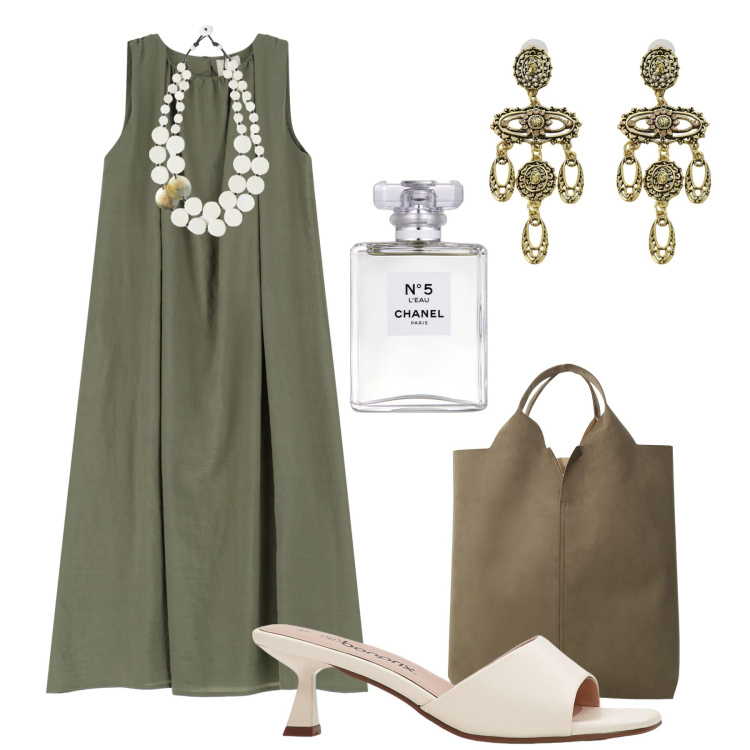 Outfit donna - Cena informale con gli amici. Stile Casual chic per Serata fuori. Abbinamento con ciabatte, profumi, vestiti lunghi, shopping bag, orecchini, ciondoli.
