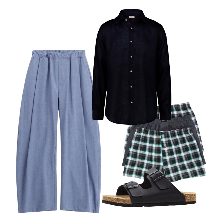 Outfit uomo - Luglio. Stile Casual per Tutti i giorni. Abbinamento con boxer, sandali, pantaloni, camicie.