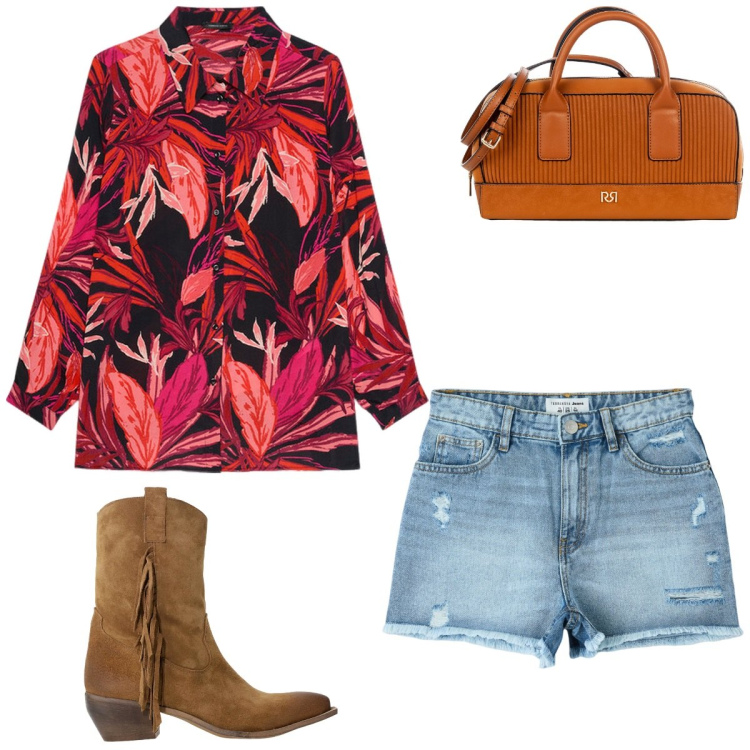 Outfit donna - Total look #2210507. Stile Casual chic per Tutti i giorni. Abbinamento con shorts, borse a mano, stivali, camicie.