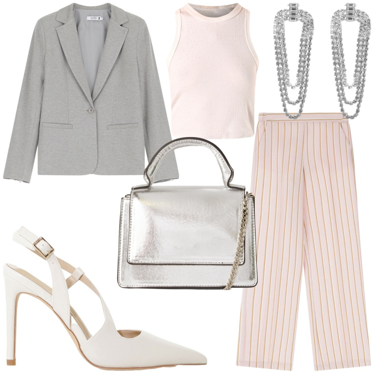 Outfit donna - Total look #2210515. Stile Bon Ton per Cerimonia. Abbinamento con borse a tracolla, orecchini, top, blazer, décolleté, pantaloni a palazzo.