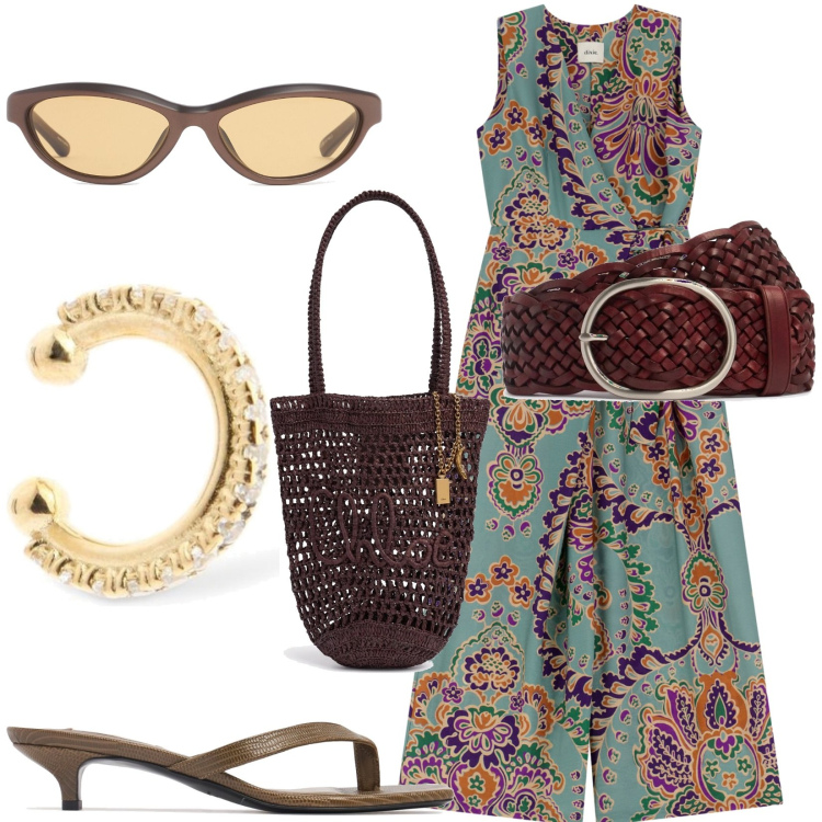 Outfit donna - Total look #2210517. Stile Etnico per Serata fuori. Abbinamento con tute, cinture, occhiali da sole, borse a spalla, sandali in pelle, orecchini.