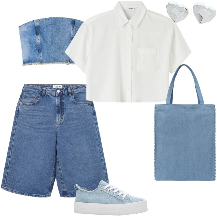 Outfit donna - I bermuda di jeans. Stile Casual per Tutti i giorni. Abbinamento con sneakers, top, bermuda, borse tote, camicie a manica corta, orecchini.