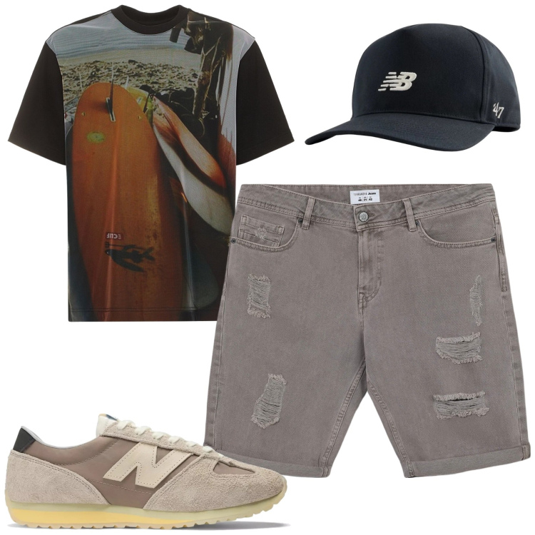 Outfit uomo - Luglio. Stile Casual per Tutti i giorni. Abbinamento con sneakers, cappelli con visiera, bermuda, t-shirt.